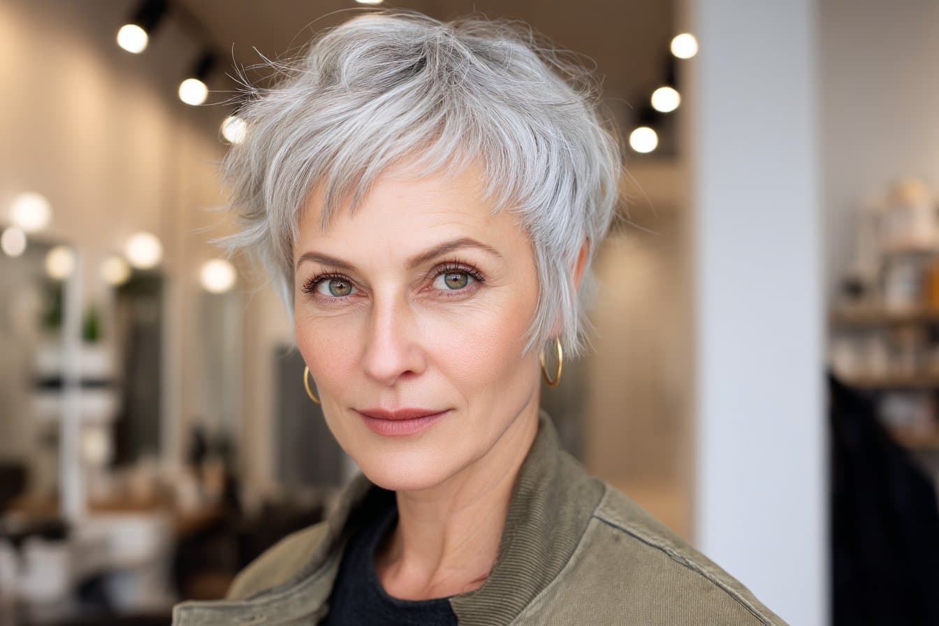 19 moderne Schnitt- und Stylingtipps für kurzes graues Haar ab 50, die Frische in den Alltag bringen