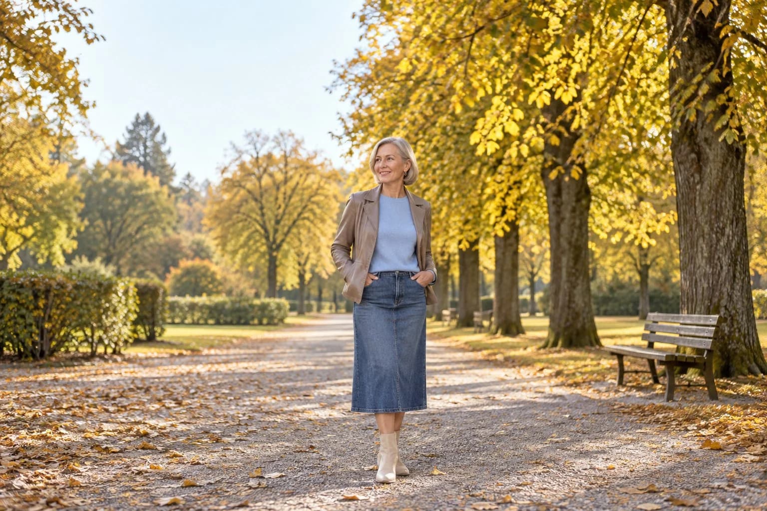 Frau ab 50 im Herbst-Outfit – Beige Lederjacke ab 50: 15 dezente Outfit-Ideen