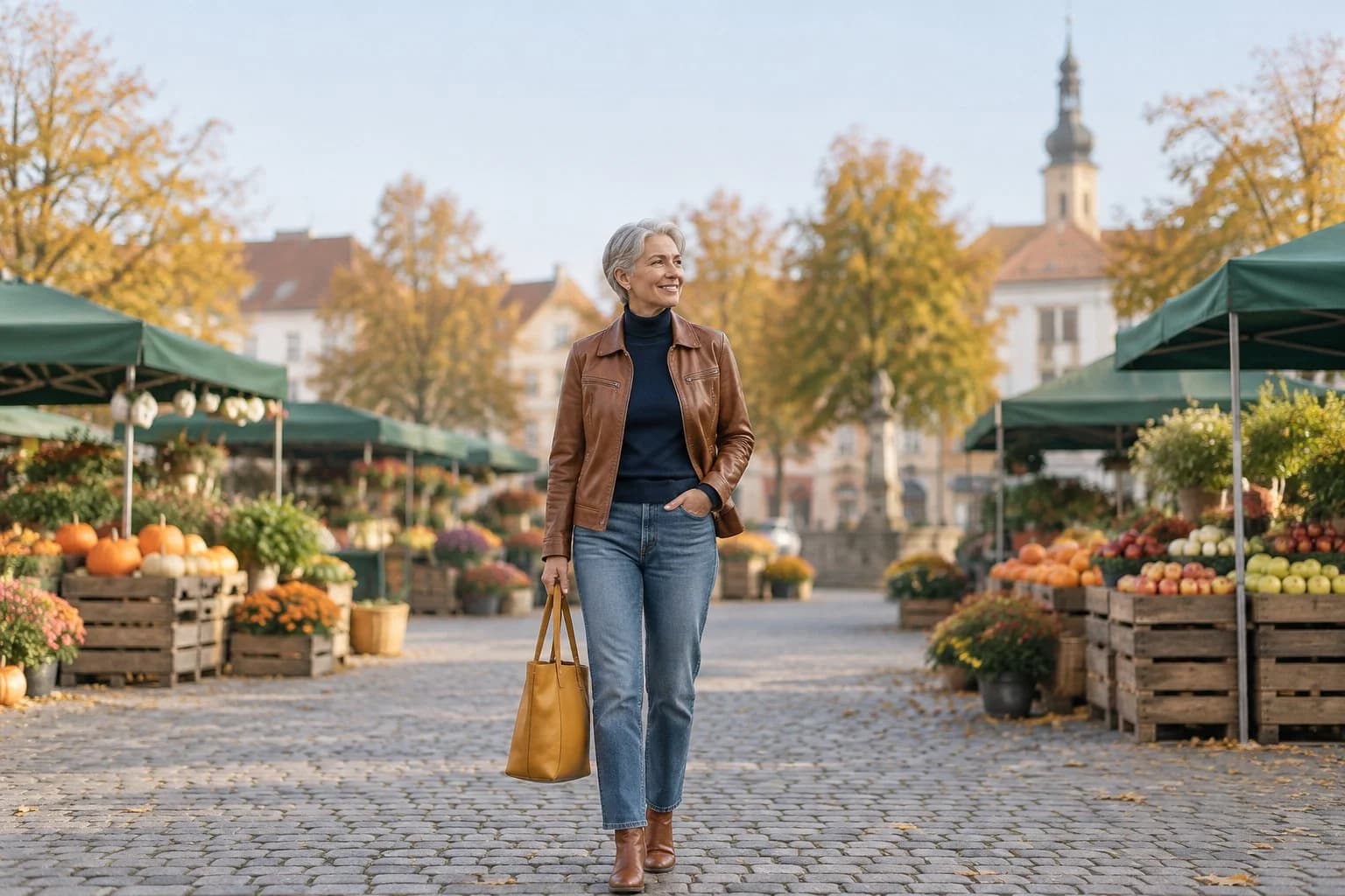 Frau ab 50 im Herbst-Outfit – Braune Lederjacke ab 50: 15 Outfits für Herbst und Winter