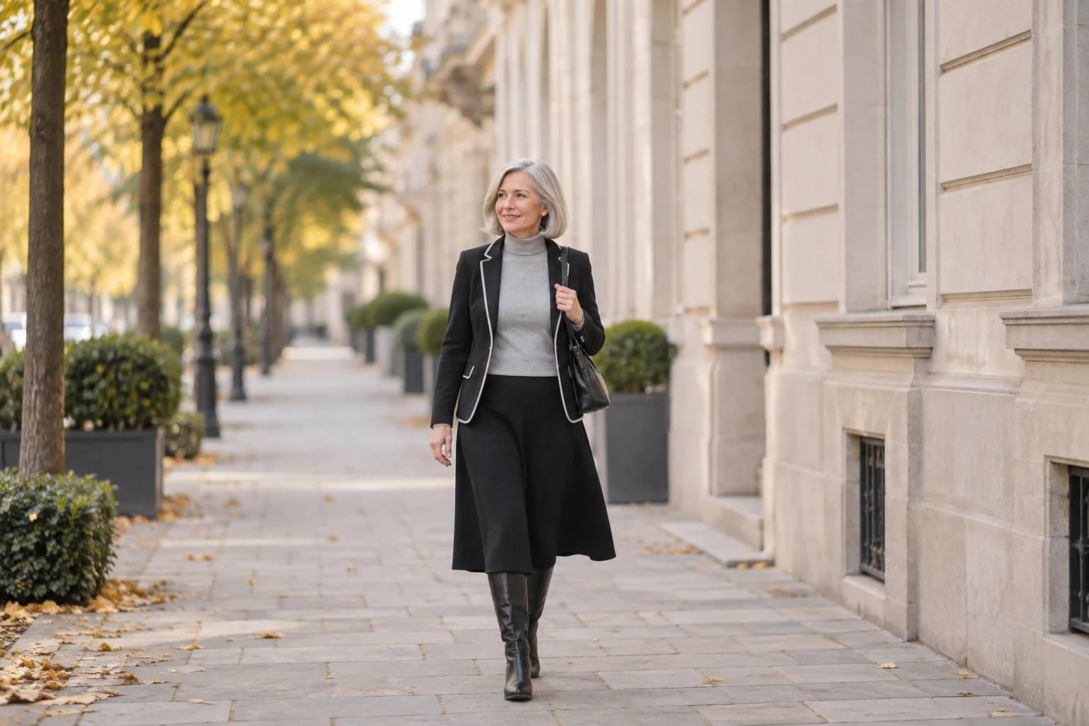 Frau ab 50 im Herbst-Outfit – Hohe Stiefel kombinieren ab 50: 15 Outfit-Ideen