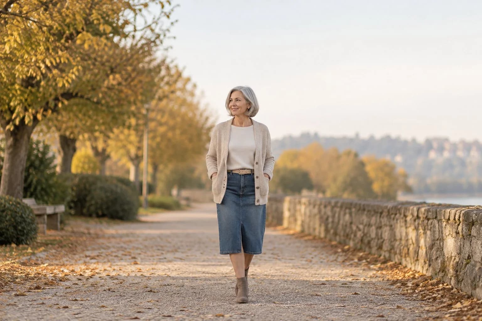 Frau ab 50 im Herbst-Outfit – Jeansrock im Herbst ab 50: 15 Outfit-Ideen