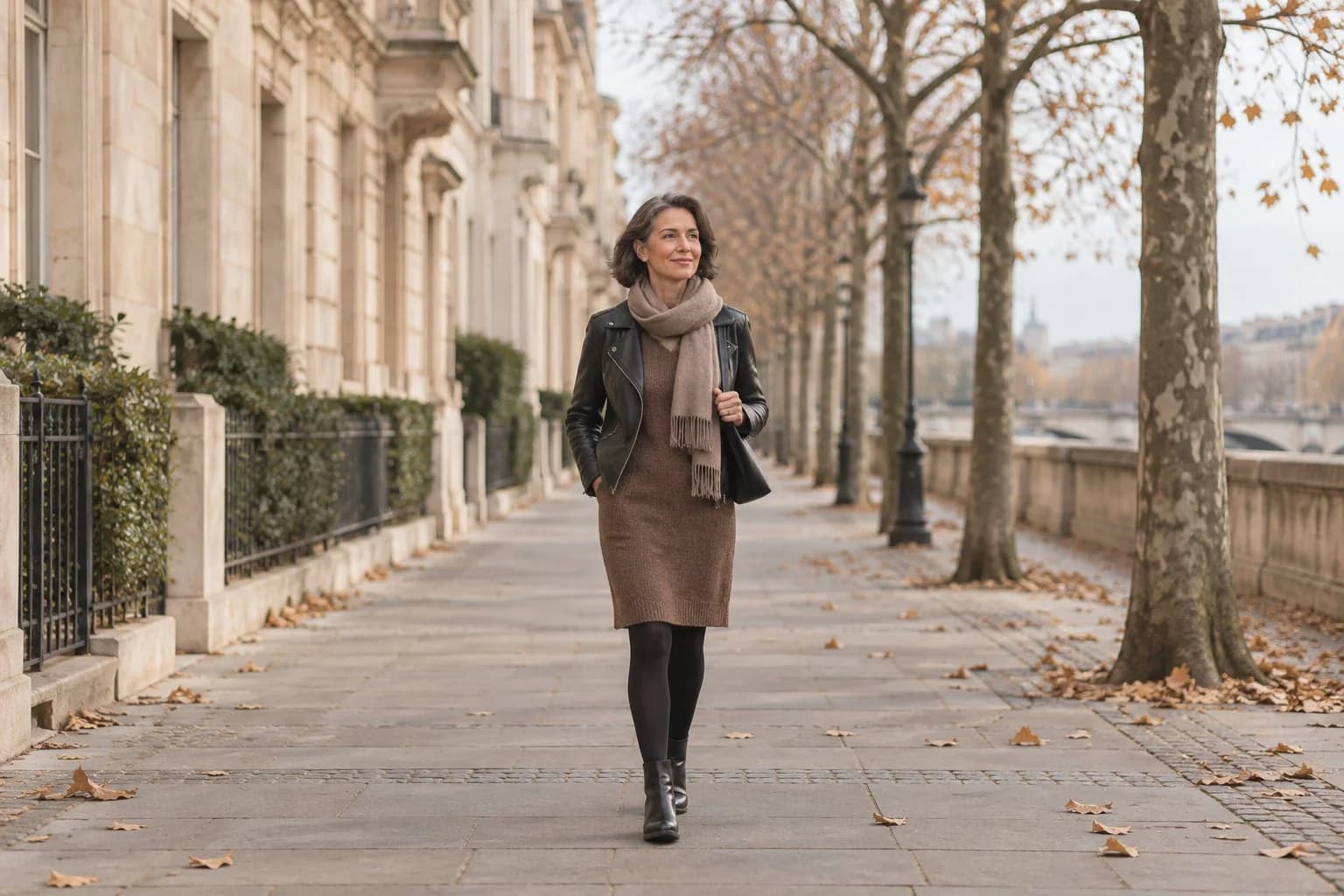 Frau ab 50 im Herbst-Outfit – Kleid und Lederjacke ab 50: 15 Outfit-Ideen