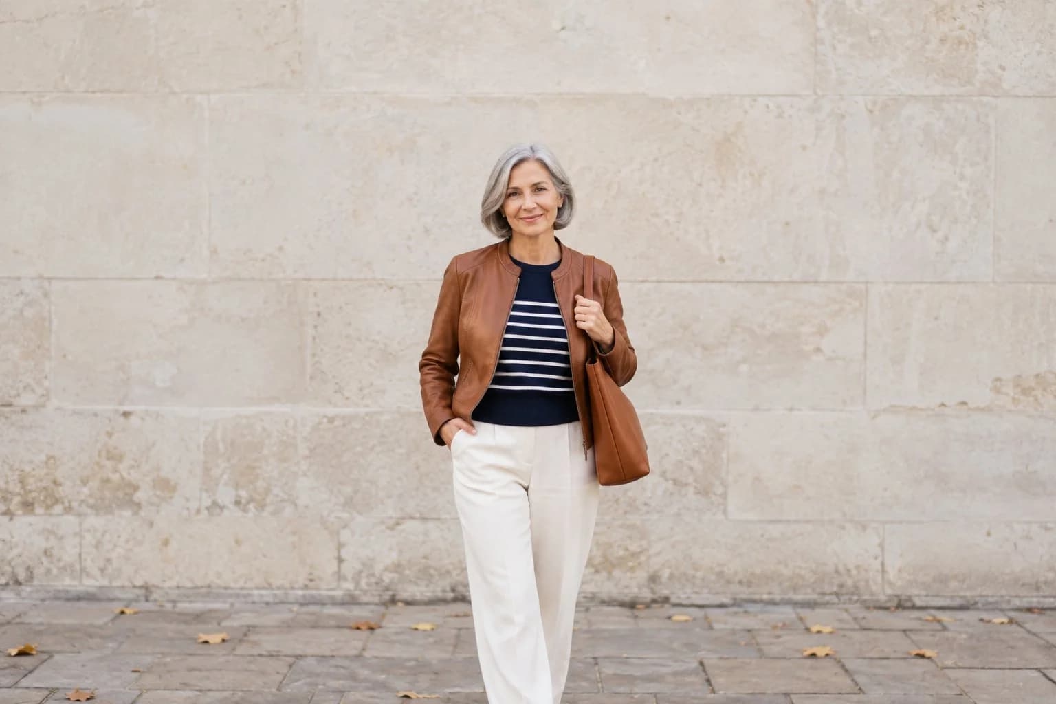 Frau ab 50 im Herbst-Outfit – Lederjacke kombinieren ab 50: 15 Outfit-Ideen