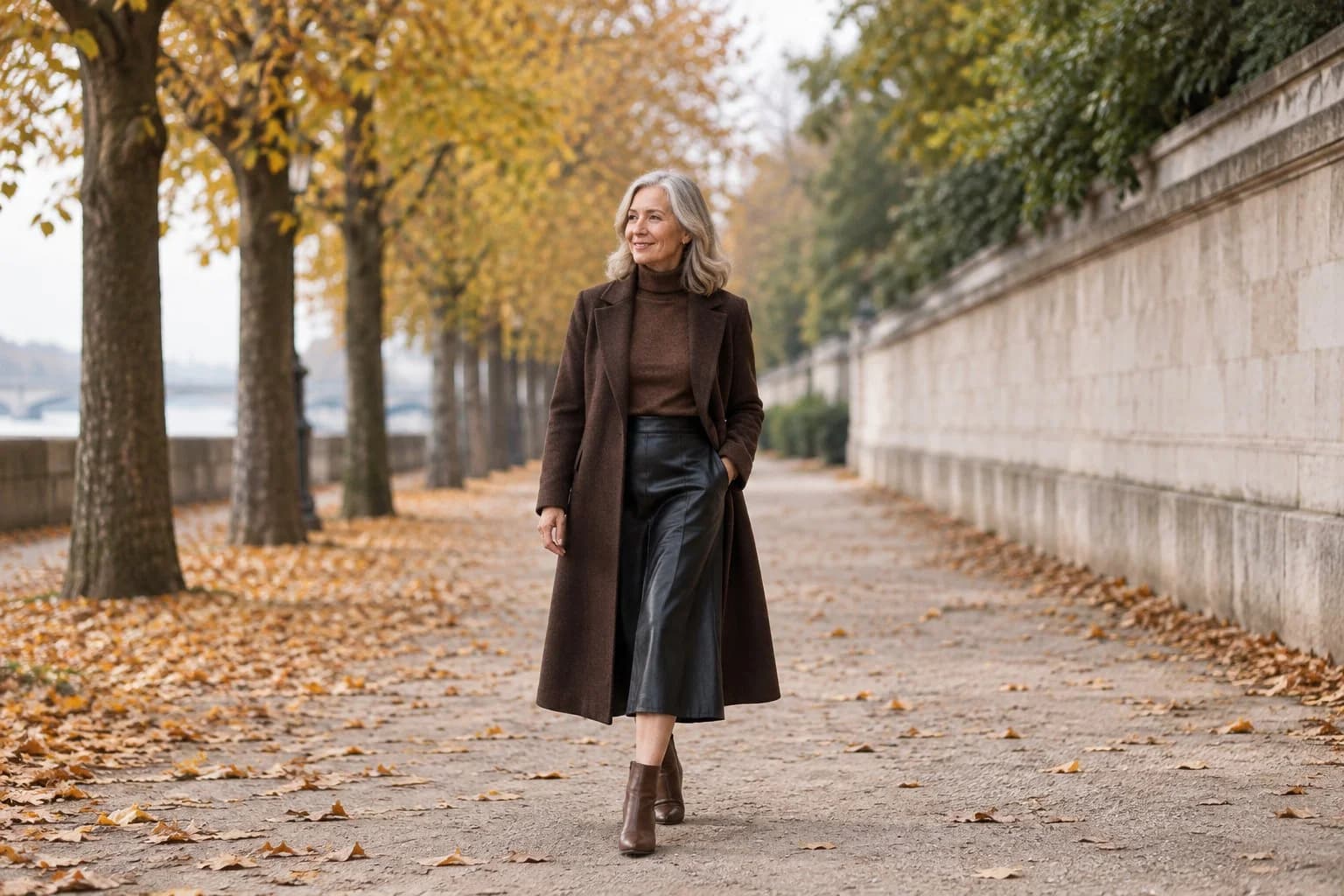 Frau ab 50 im Herbst-Outfit – Lederrock ab 50 kombinieren: 15 Herbst/Winter-Outfits