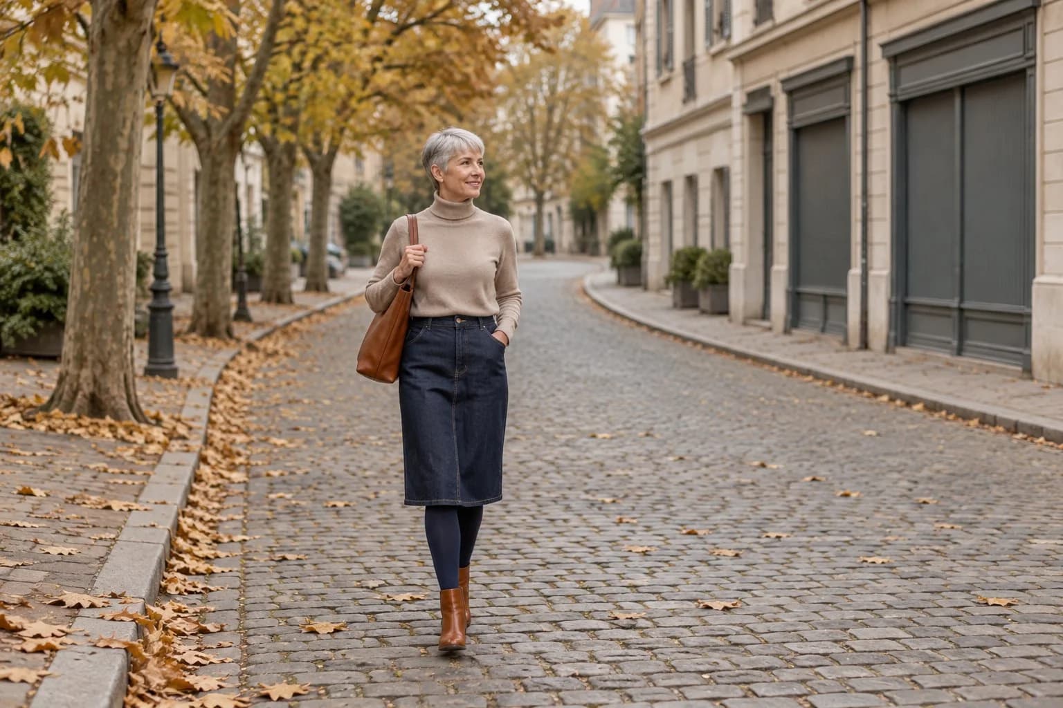 Frau ab 50 im Herbst-Outfit – Rocklänge ab 50: warum Midi öfter gewinnt als Mini