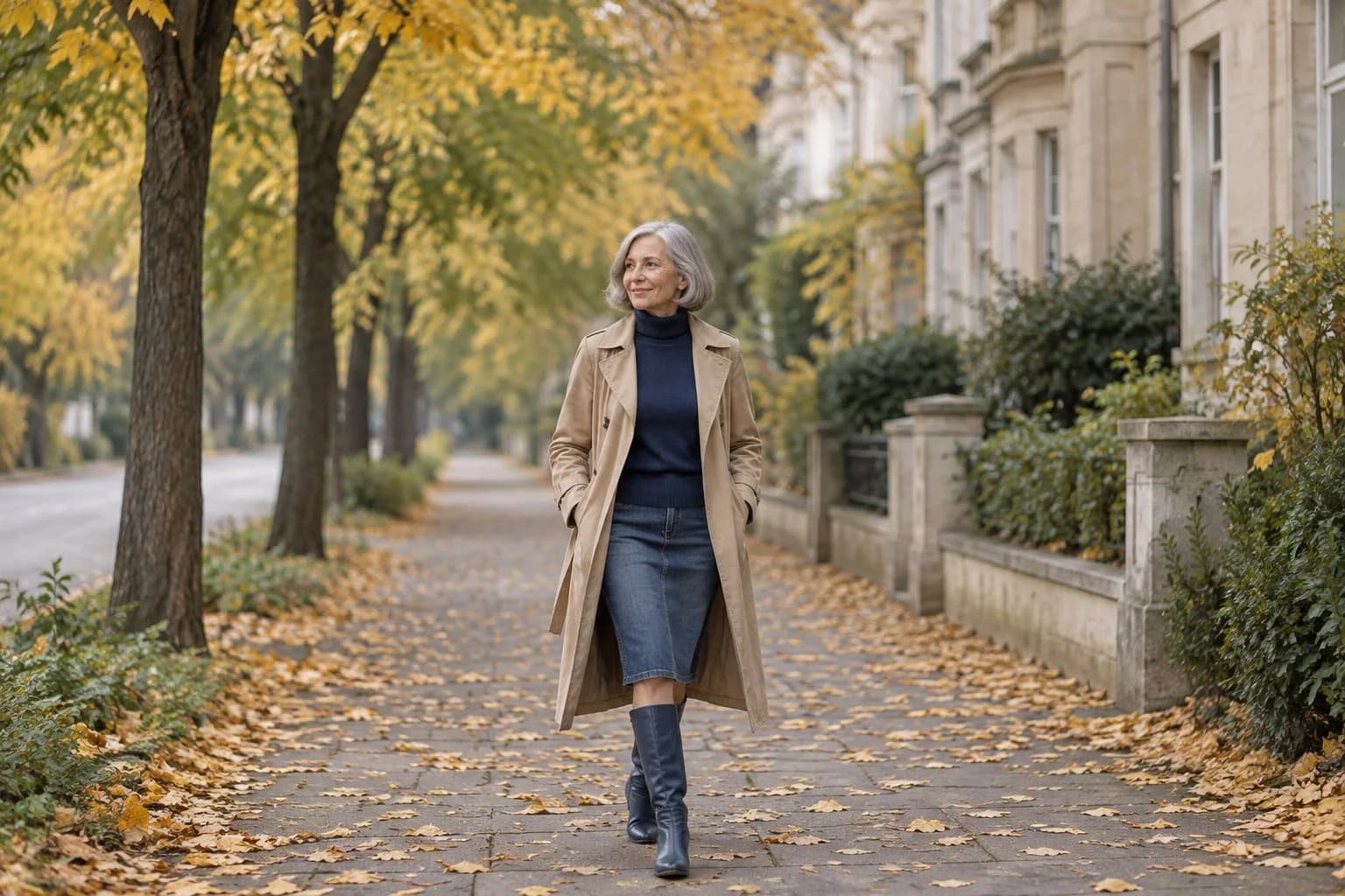 Frau ab 50 im Herbst-Outfit – Trenchcoat ab 50 kombinieren: 15 Herbst-Outfits