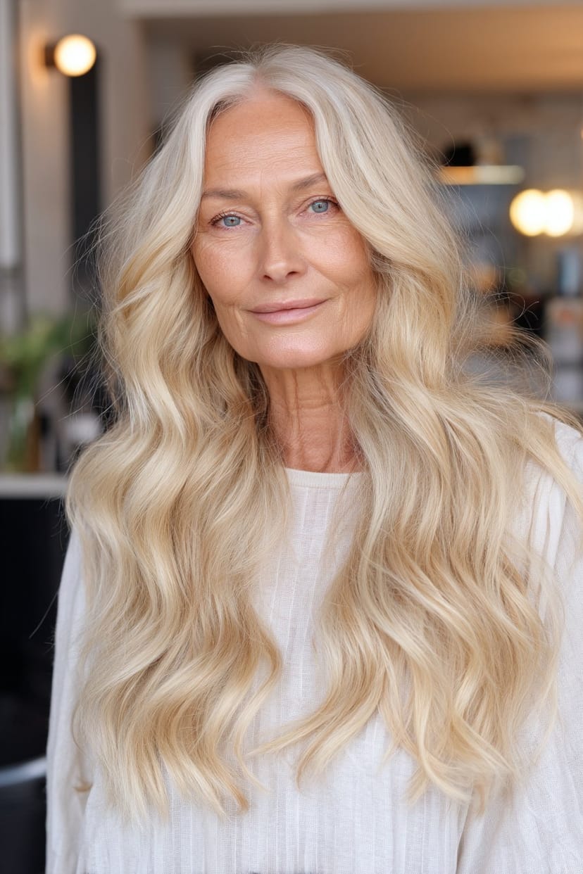 Lange blonde Beach-Waves bei Frau ab 50