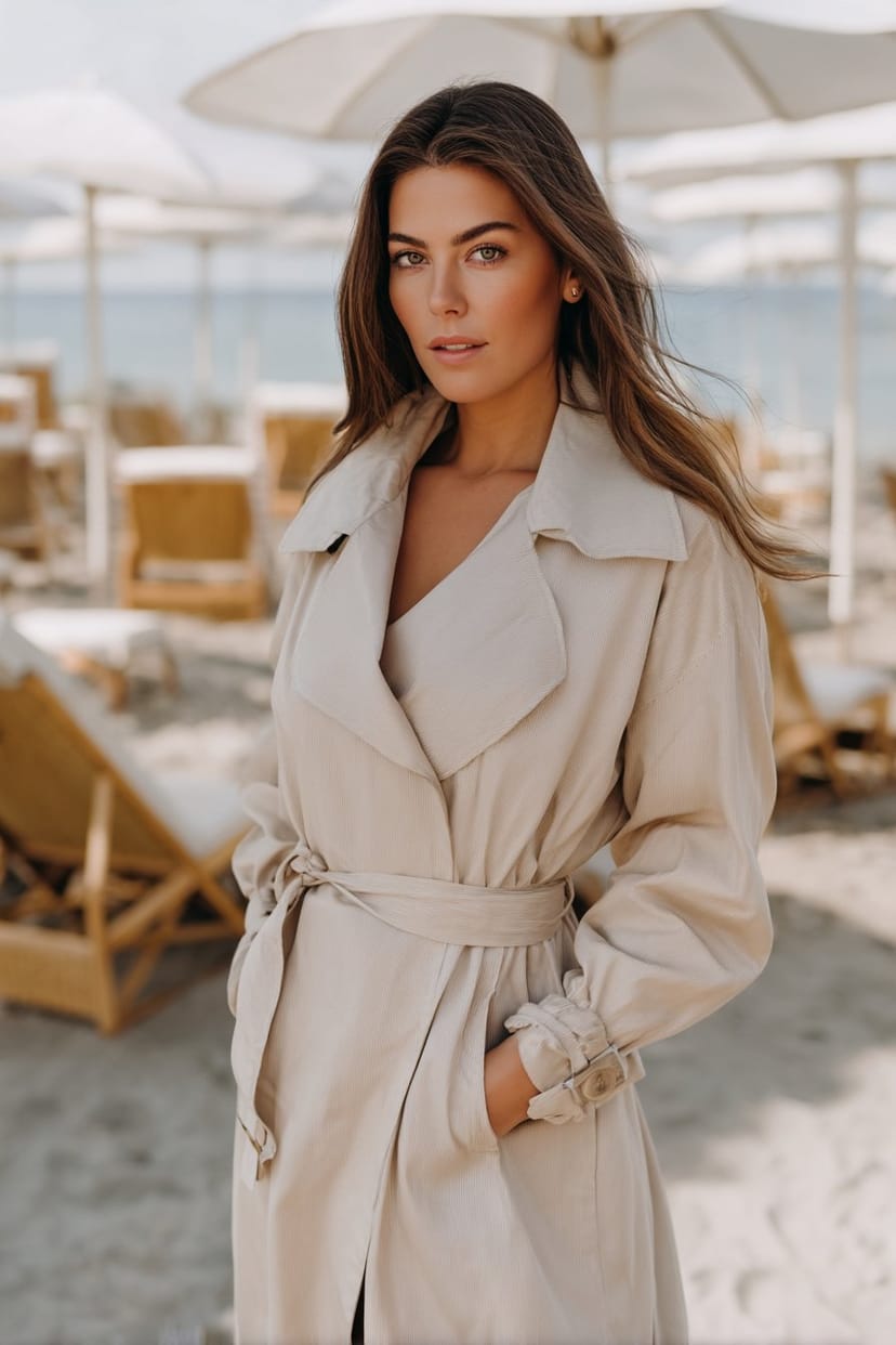 Frau im beigen Trenchcoat mit Gürtel auf Sylt