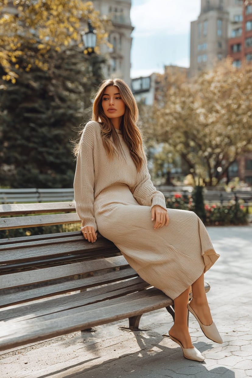 Frau im beigen Midirock auf Parkbank im Frühling