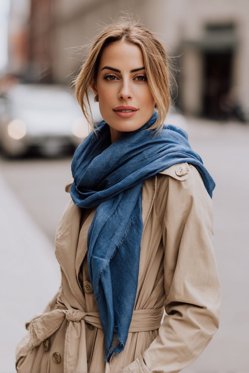 Beiger Trenchcoat mit blauem Schal als Frühlingsoutfit