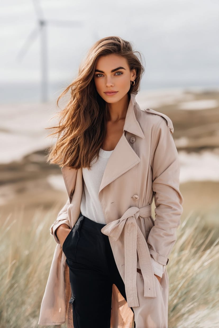 Frau im Trenchcoat am Sylt-Strand mit Dünen