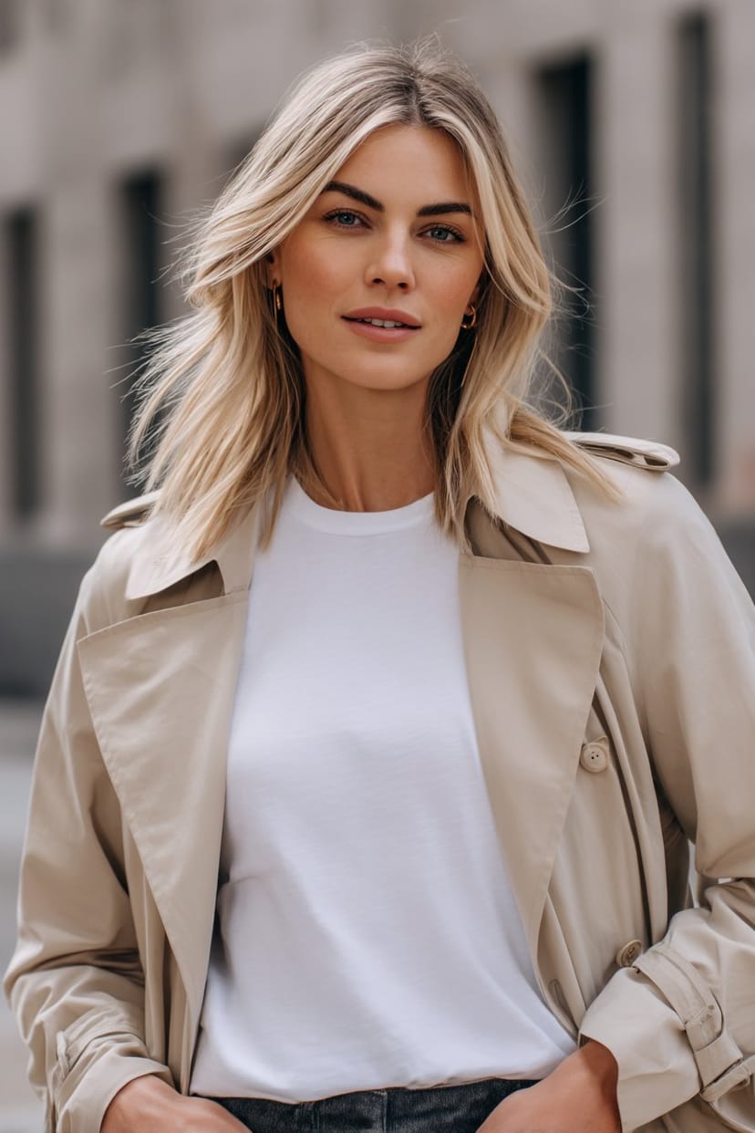 Frau mit beigem Trenchcoat und weißem T-Shirt
