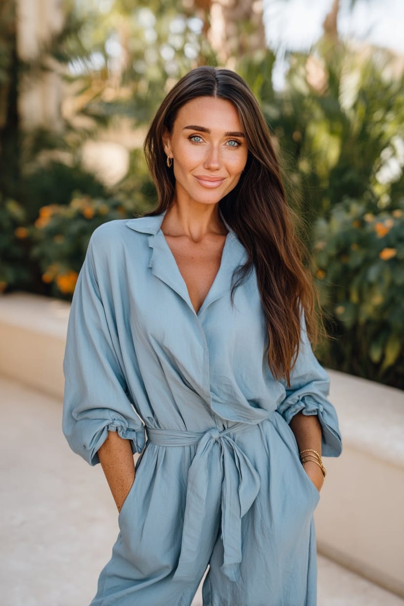 Frau im blauen Jumpsuit für Hochzeitsgast-Look