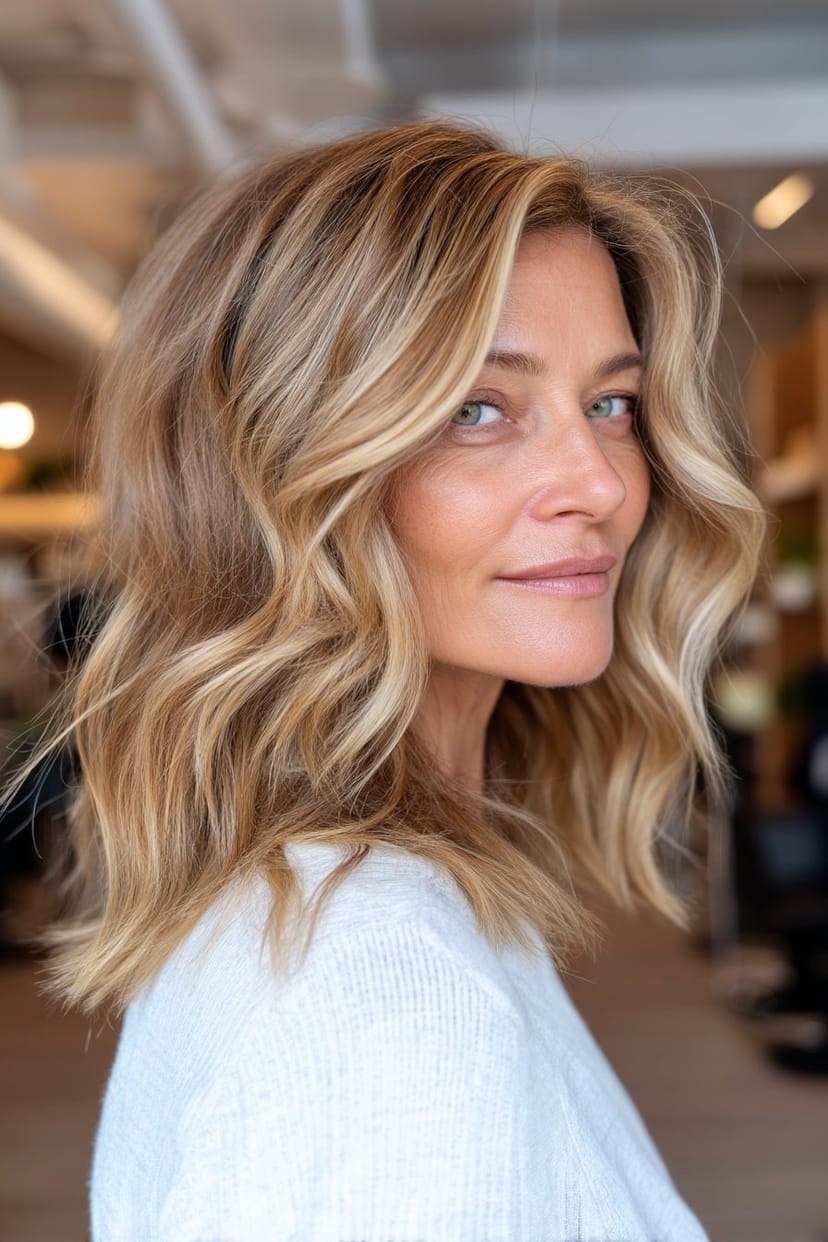 Mittellanges blondes Haar mit Beach Waves