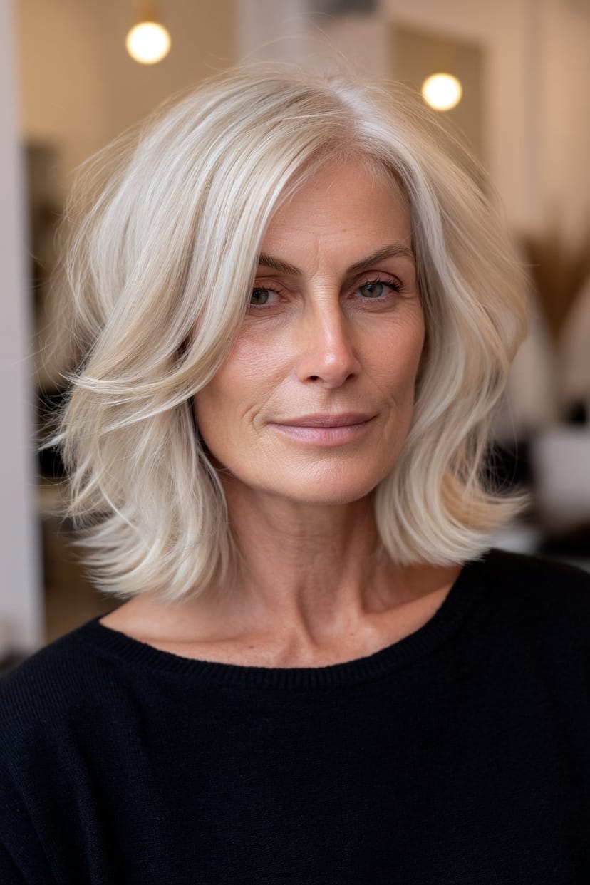 Schulterlanges, blondes Haar mit feiner Stufung bei reifer Frau