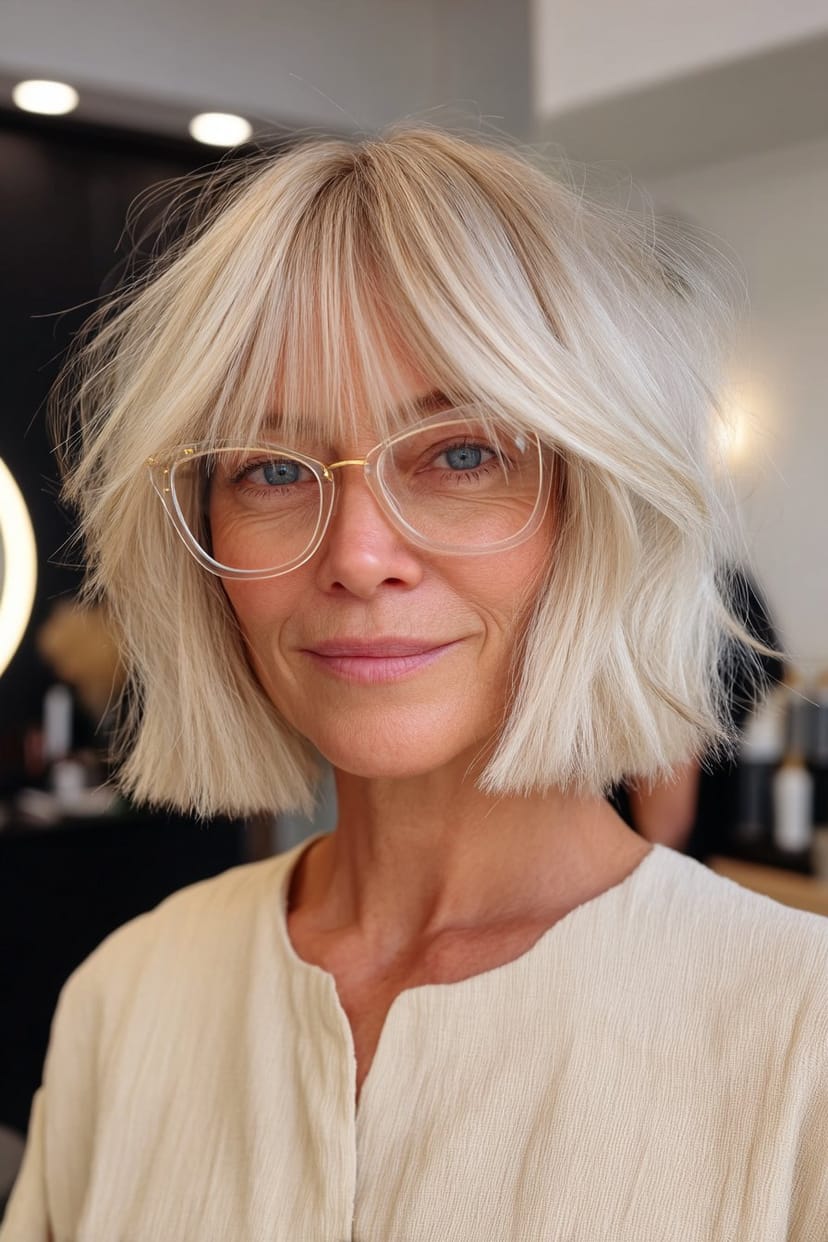 Blonder Bob mit fransigen Spitzen und transparenter Brille