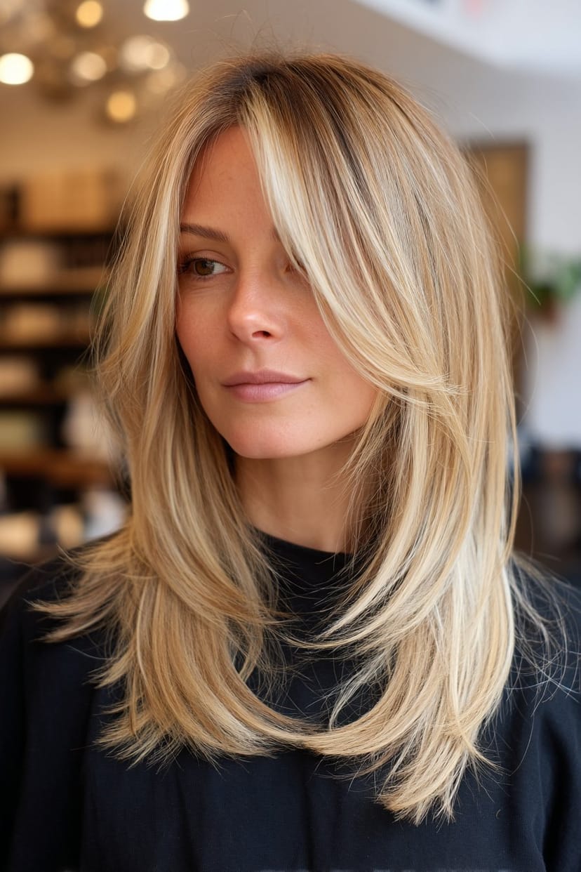 Gestufter Long Bob mit Curtain Bangs in Blond