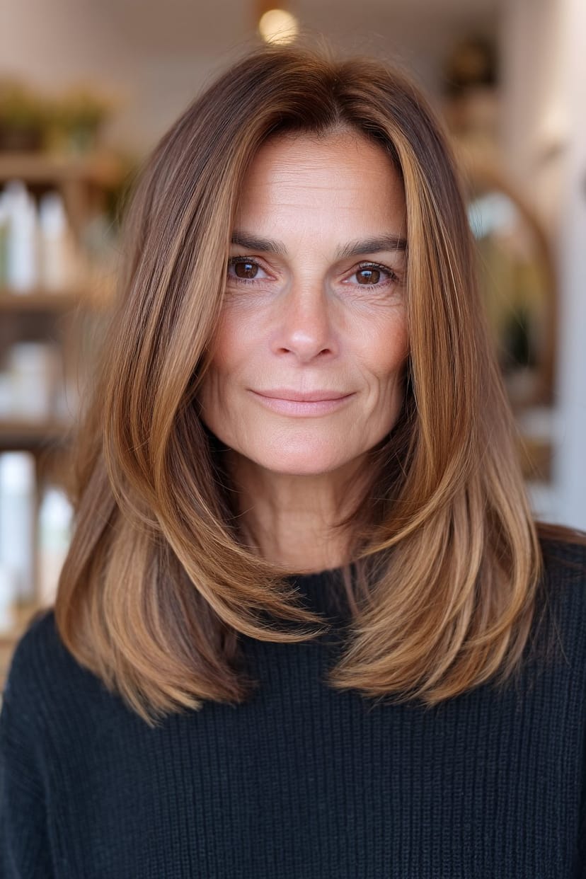 Braun getönte schulterlange Haare bei reifer Frau