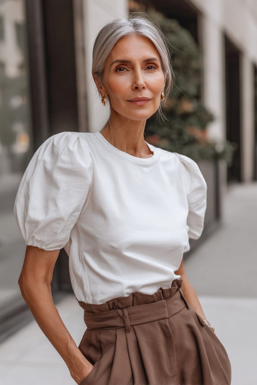 Frau kombiniert weiße Bluse mit brauner Paperbag-Hose