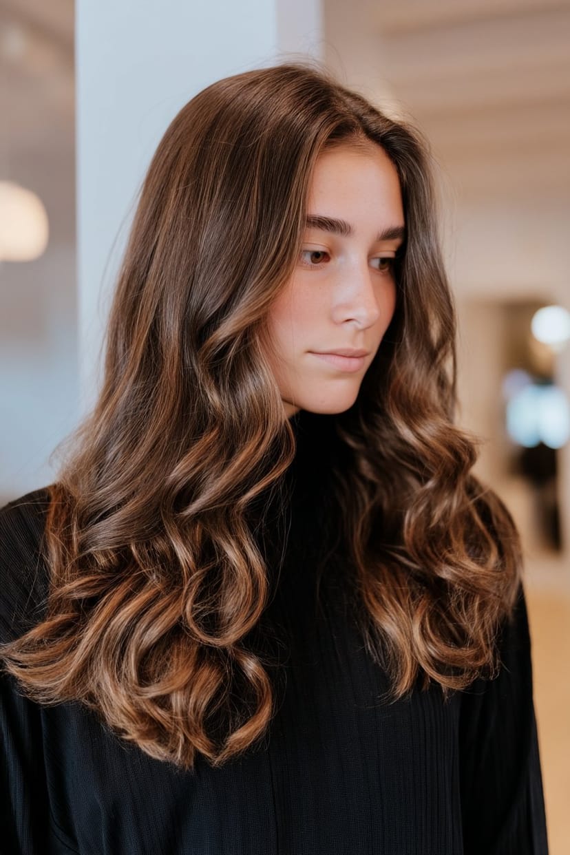 mittellanges braunes Haar mit ausgekämmten, soften Locken