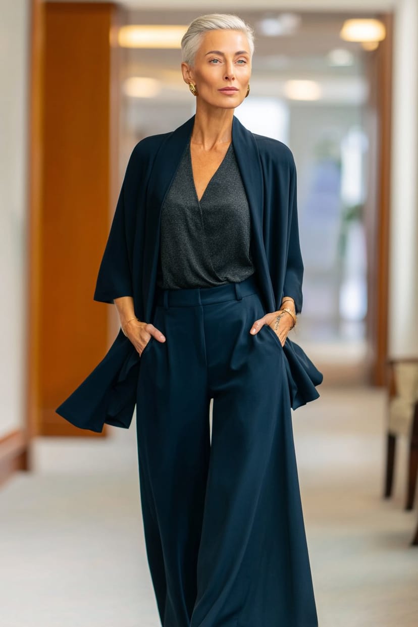 Dunkelblaue Marlenehose für Büro-Outfit Frühling