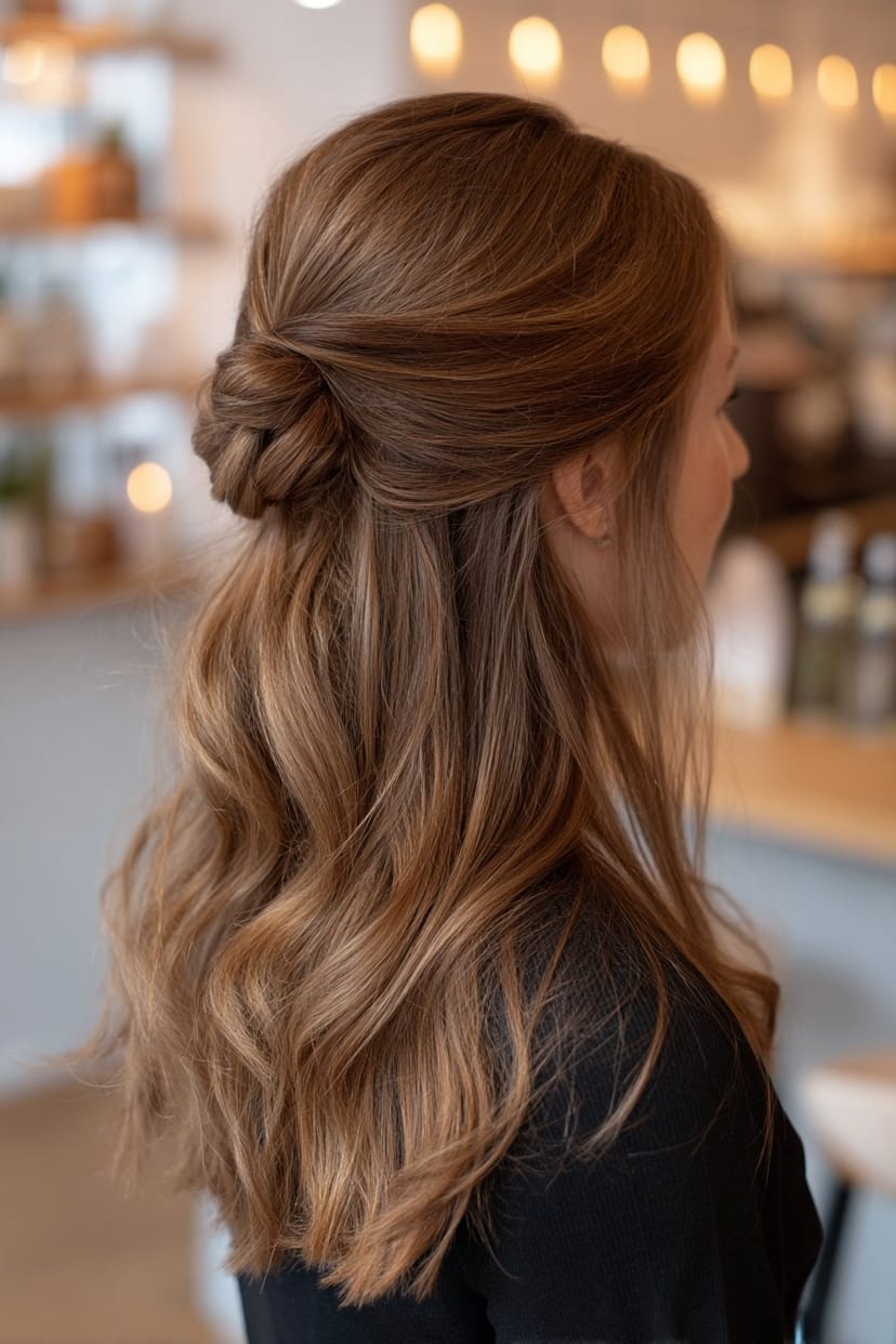 Half-Up-Knoten mit Volumen für mittellanges Haar