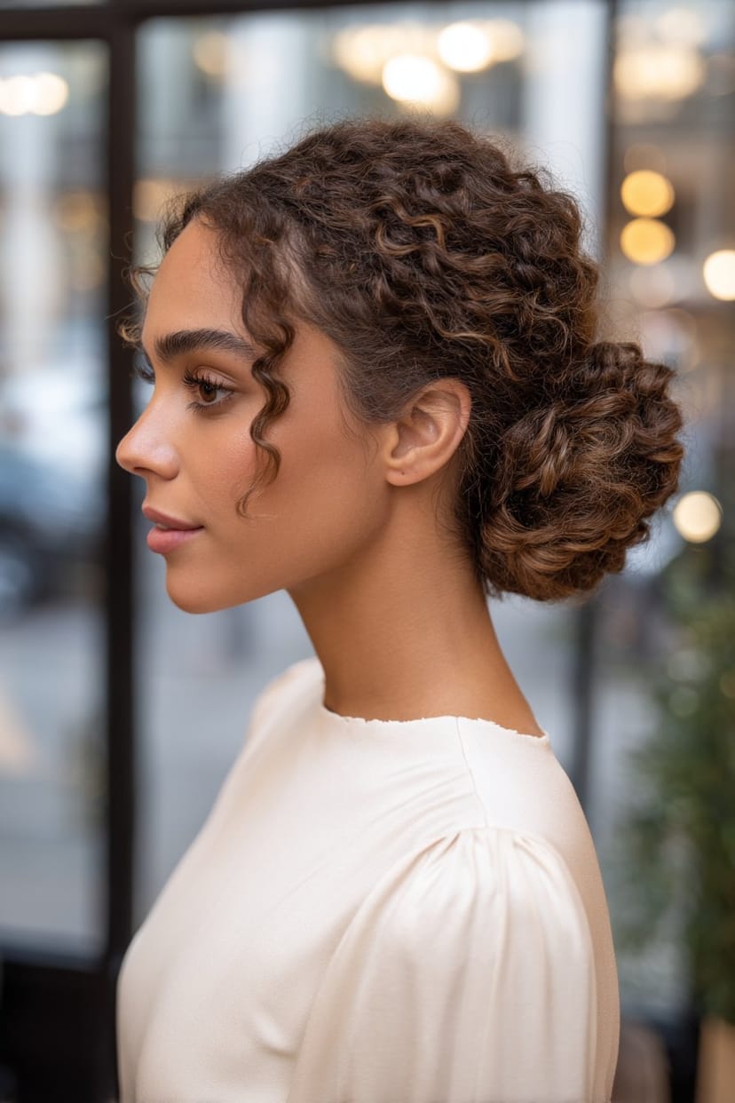 Low Bun aus lockigem mittellangem Haar im Nacken