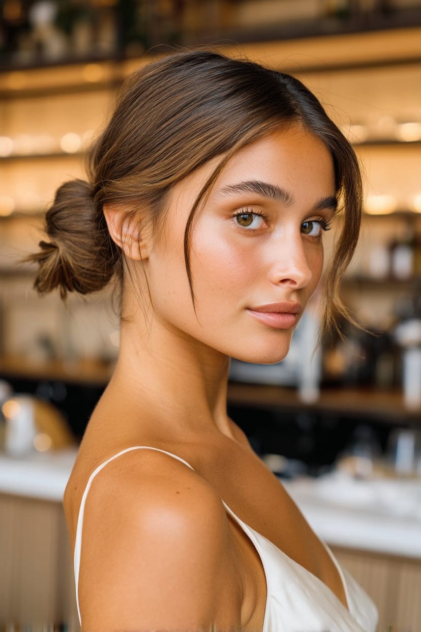 Eleganter Nackendutt mit lockeren Strähnen mittellang