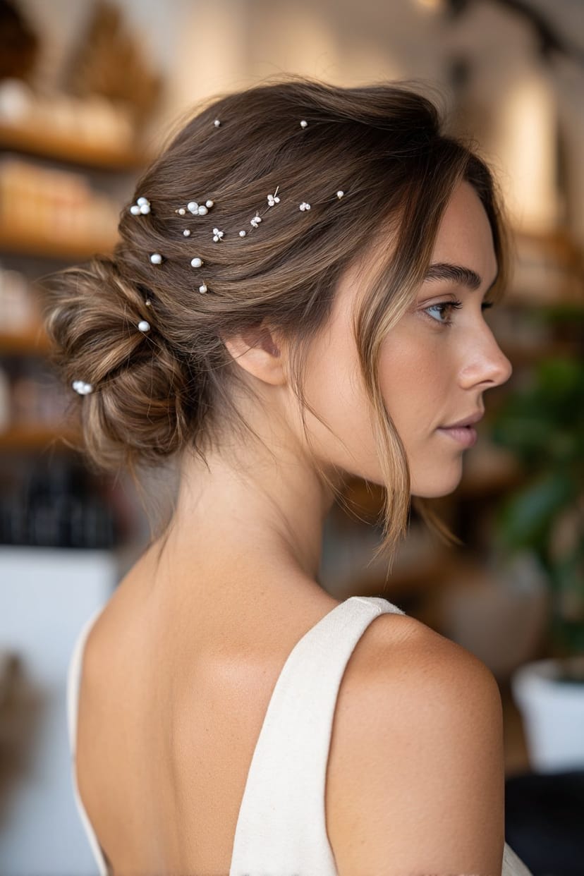 Eleganter tiefer Messy-Bun mit Haarspangen Hochzeit