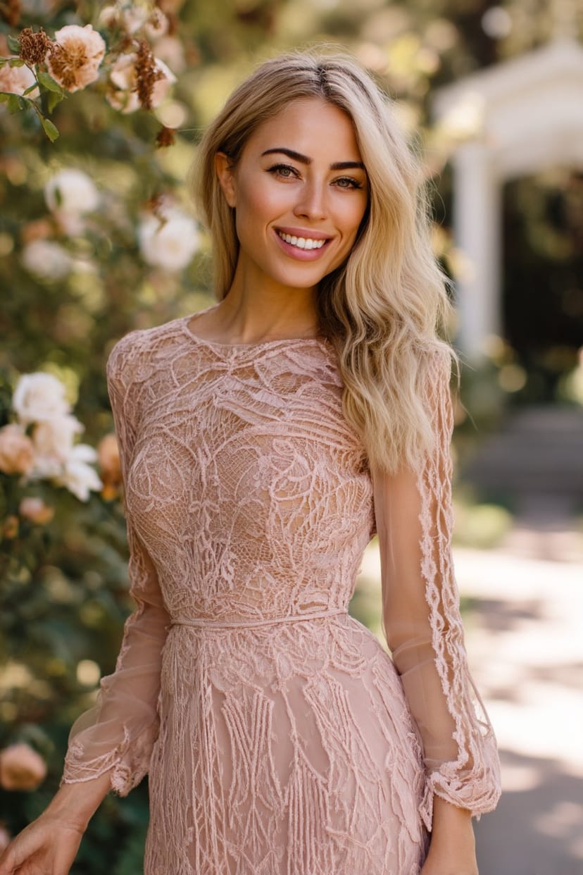 Frau im pastellrosa Spitzenkleid als Hochzeitsgast