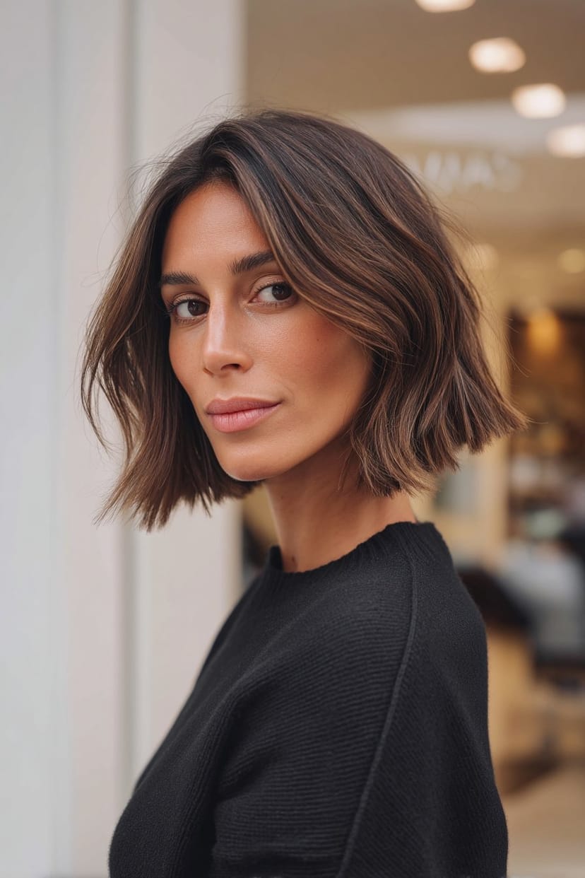 Frau mit klassischem Bob mittellang von vorne und seitlich