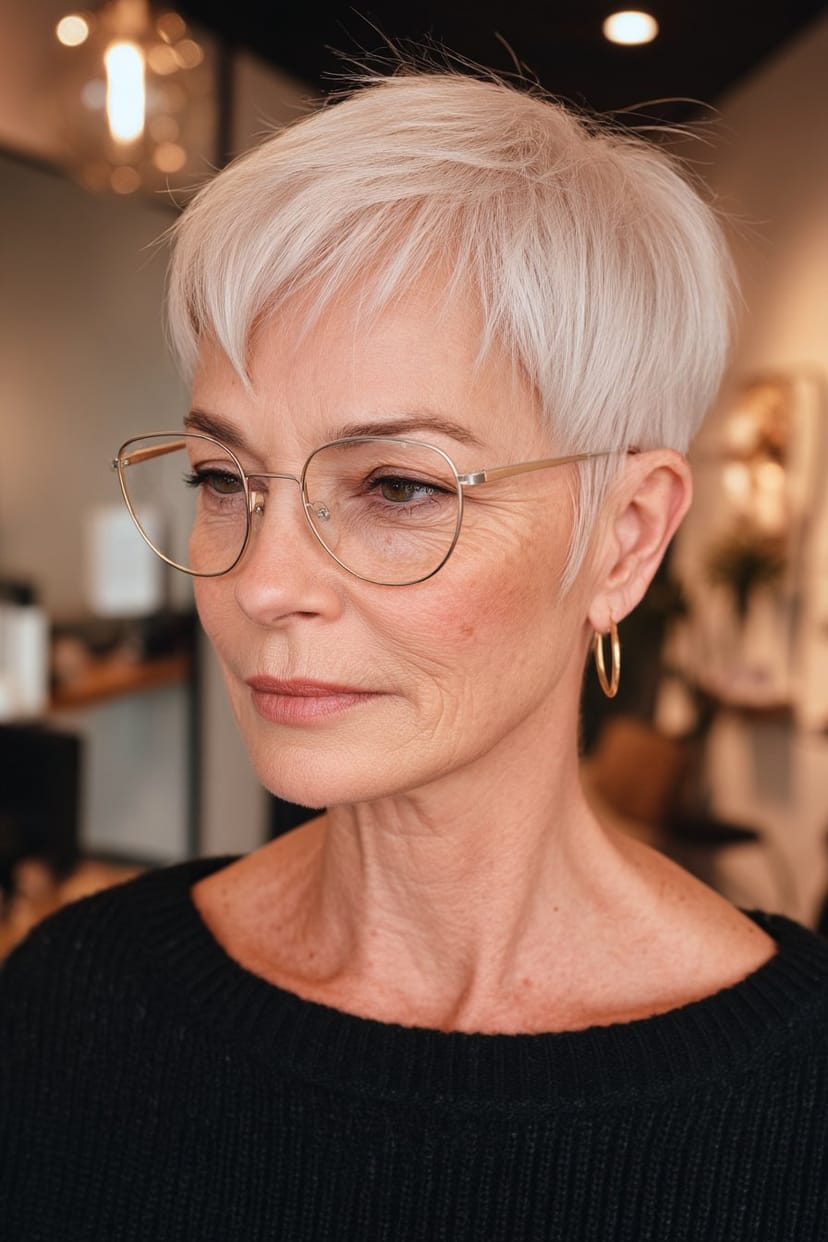 Feiner Pixie mit kurzem Pony und Metallbrille frontal