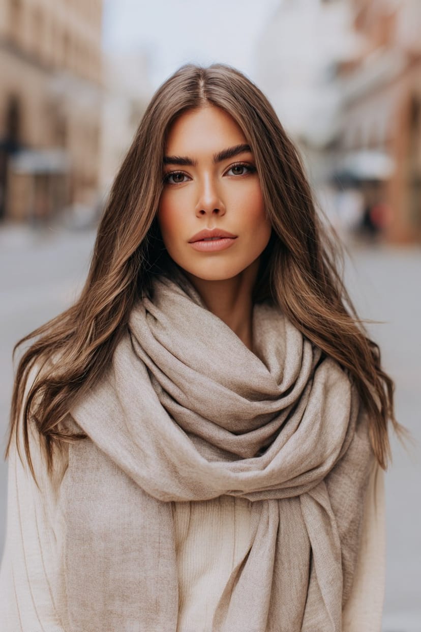 Feiner Wollschal in Erdtönen um Hals einer Frau gelegt
