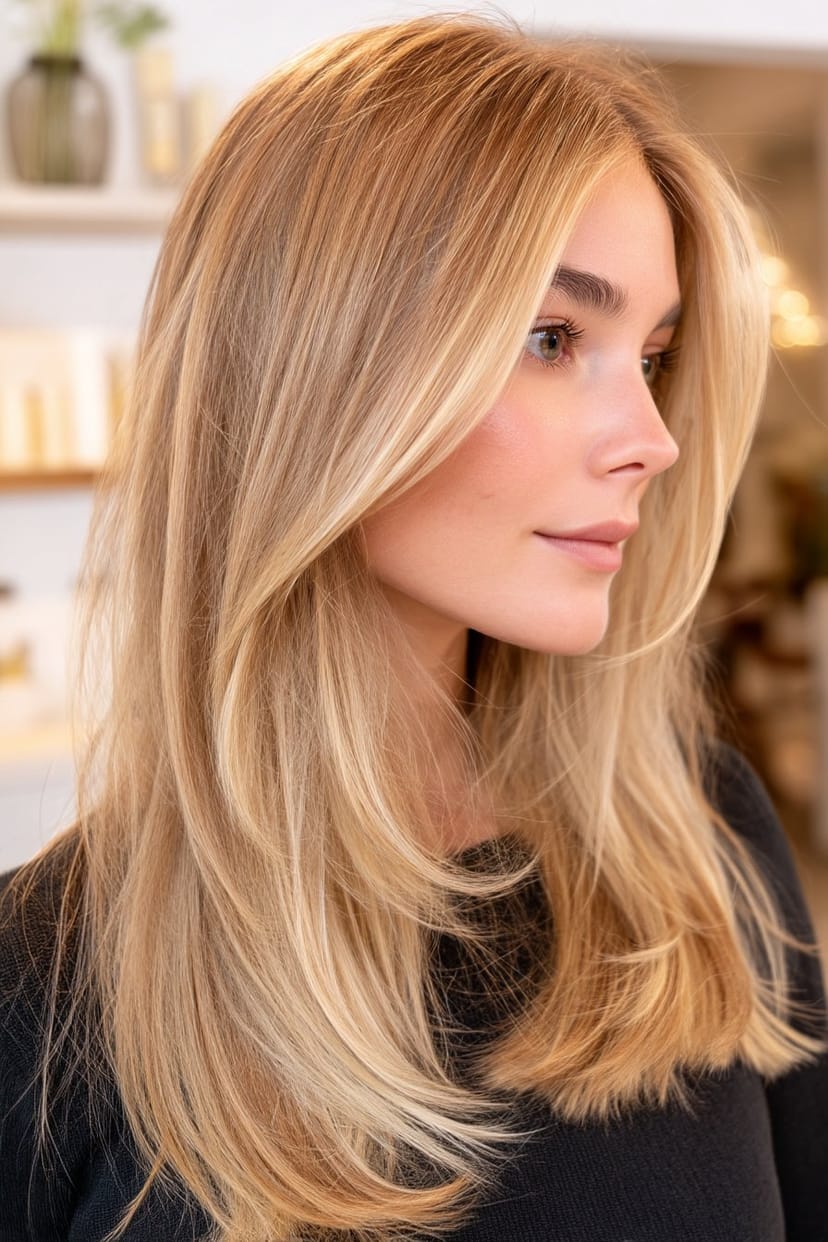 Feines, gestuftes Haar in Roséblond seitlich