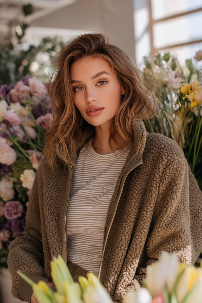 Fleecejacke über gestreiftem Shirt beim Wandern im Frühling