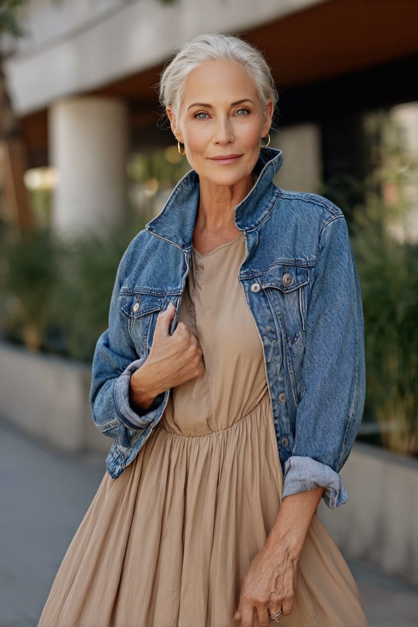Frau über 40 im Midikleid mit Jeansjacke im Frühling