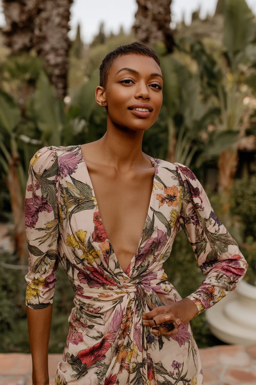 Frau im geblümten Midi-Kleid mit V-Ausschnitt