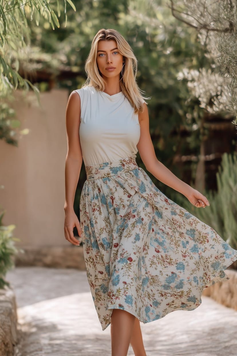 Floraler Midirock bei Frau im Frühlingsgarten