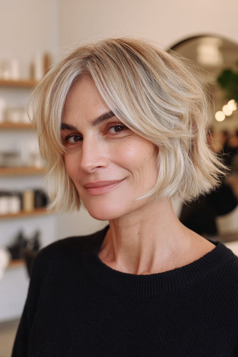 Fransiger Bob in hellem Blond bei Frau über 50