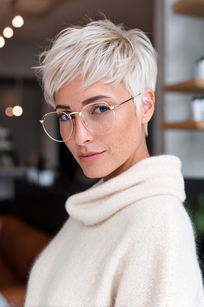 Frau über 50 mit frechem Pixie und runder Brille