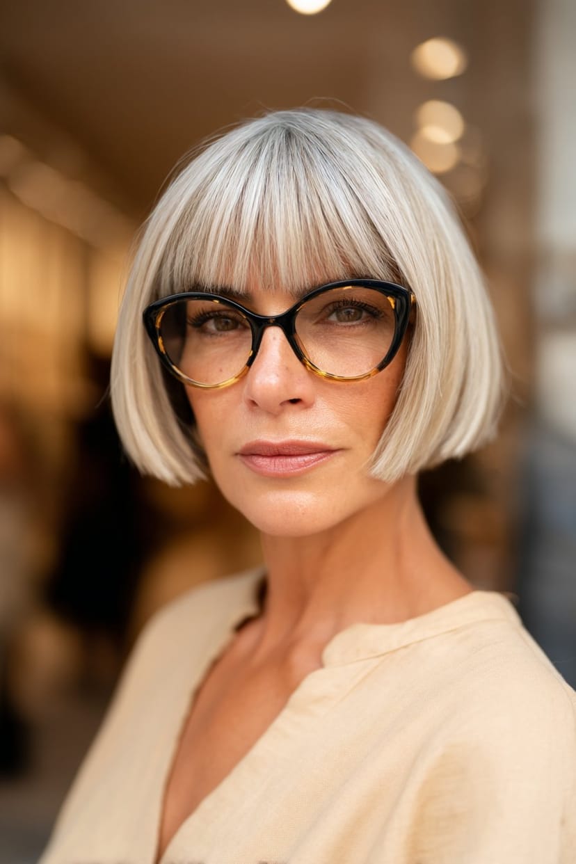 French Bob mit rundem Pony und Statement-Brille