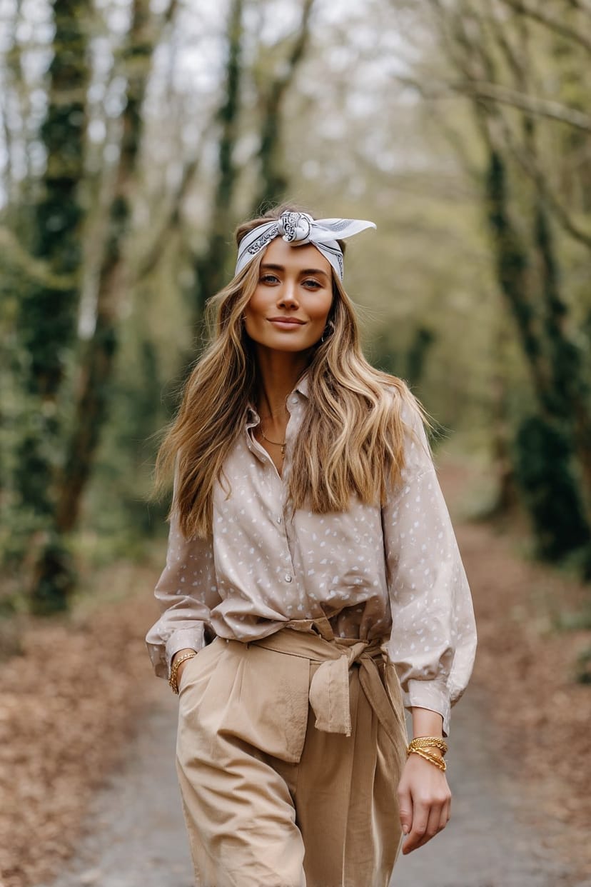 Frau mit Bandana im Haar auf Waldweg im Frühling