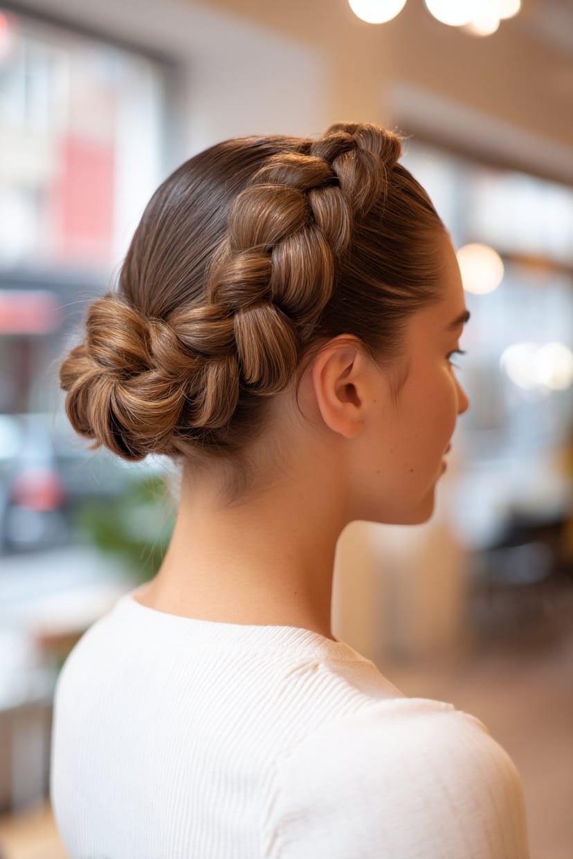 Mittellange Haare als geflochtener Kranz um den Kopf