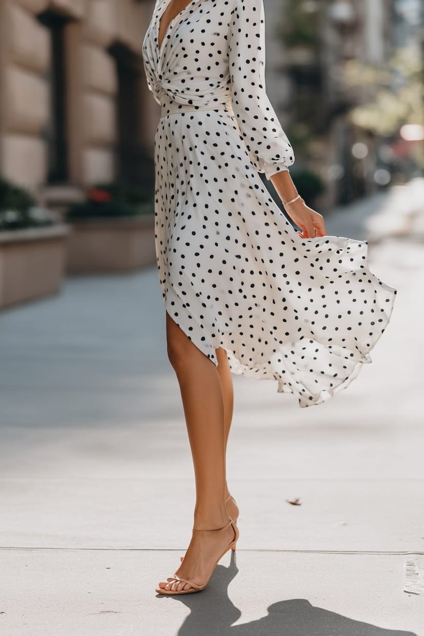 Weiße Midirock mit schwarzen Punkten, Frühling