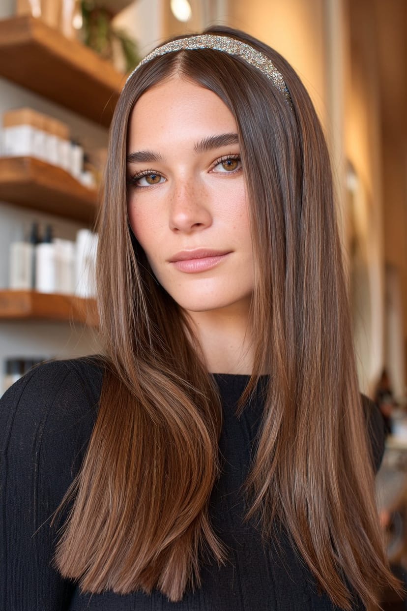 Mittellanges glattes Haar mit glitzerndem Haarband Hochzeit