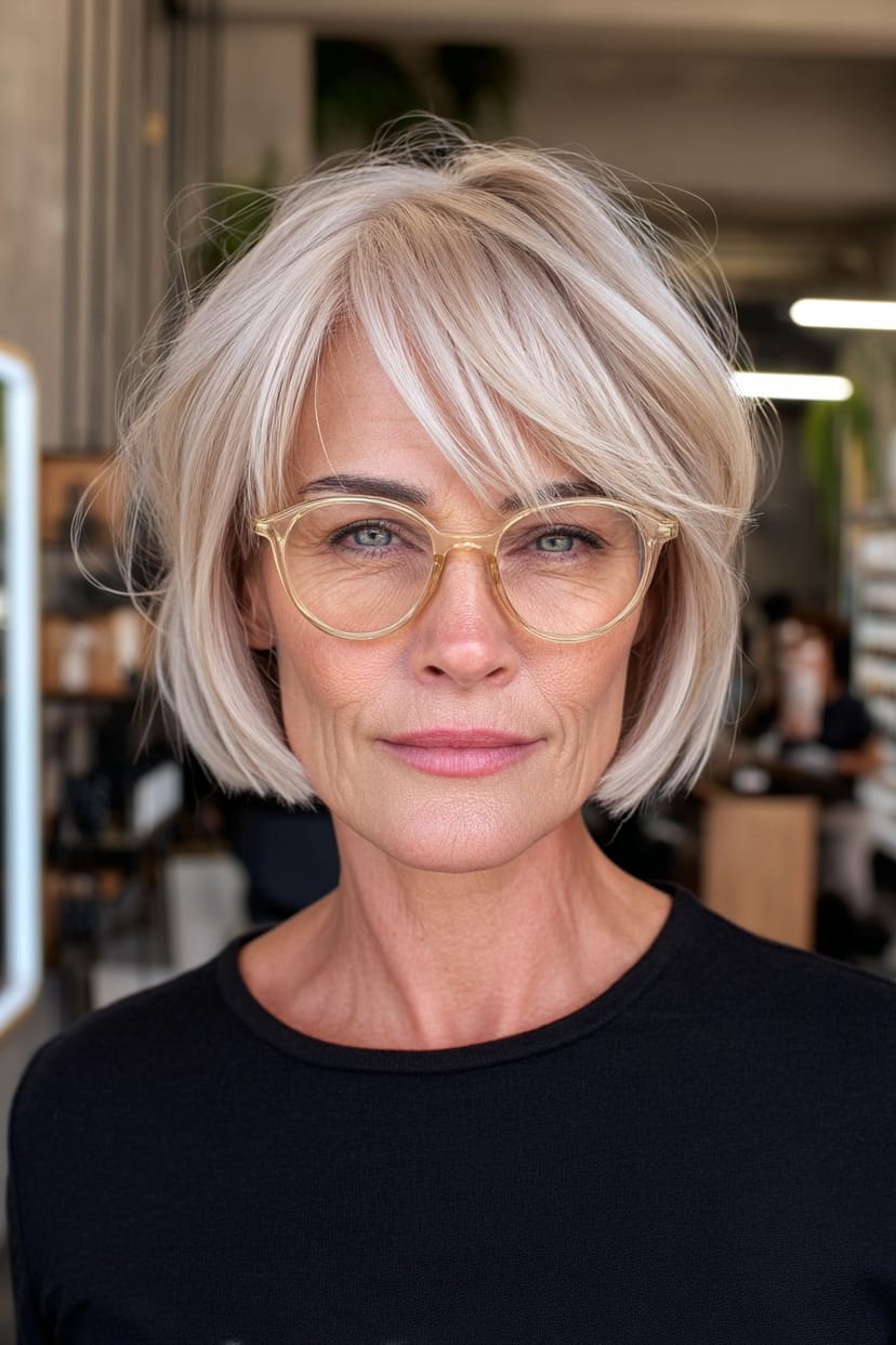 Geschwungener Bob mit Fransenpony und heller Brille