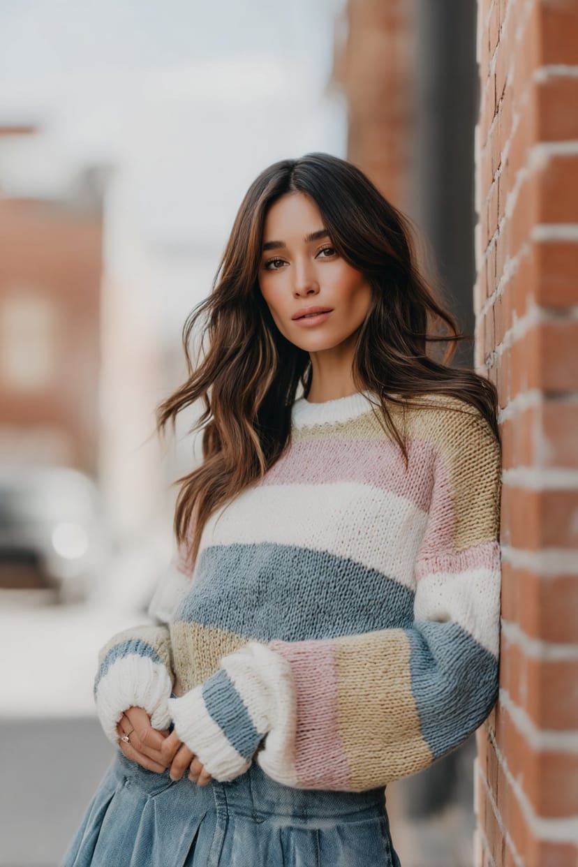 Frau im gestreiften Pullover und Jeansrock vor Backsteinwand