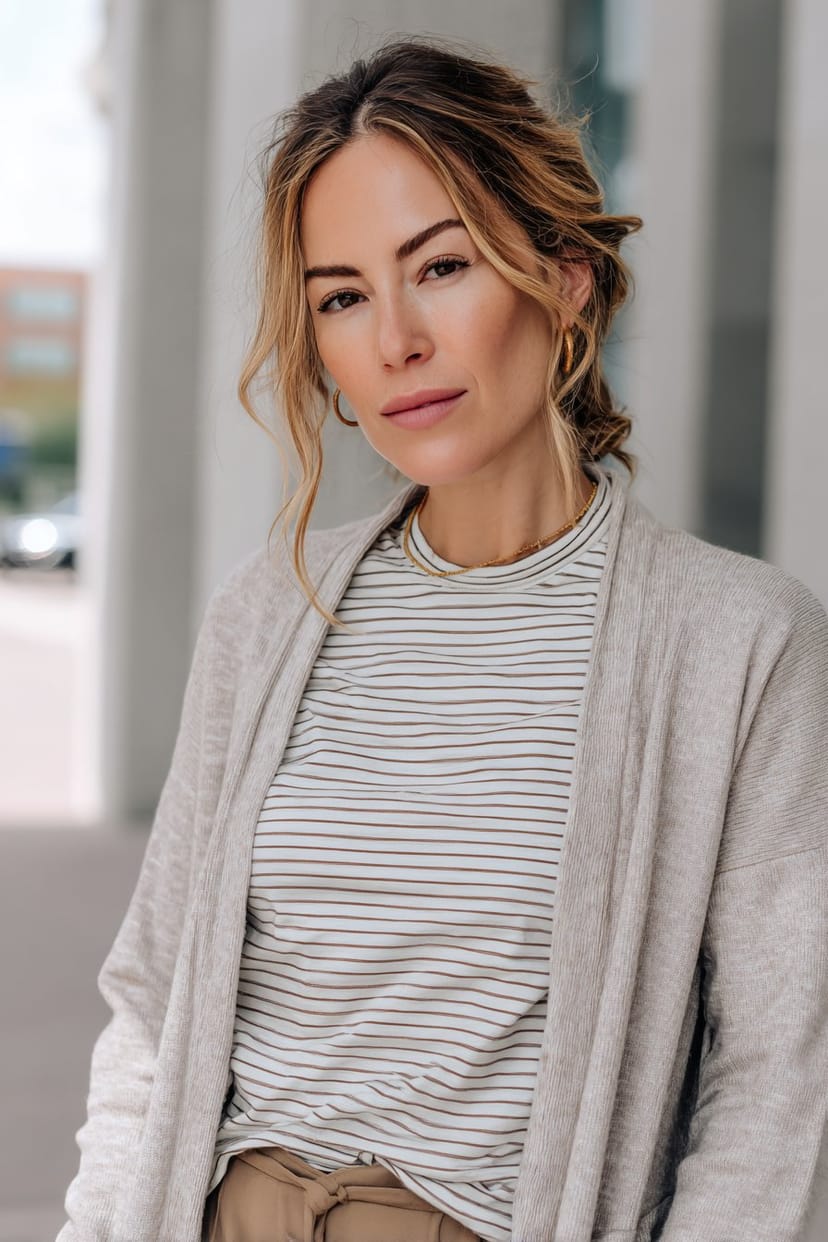 Gestreiftes T-Shirt mit hellgrauem Cardigan kombiniert