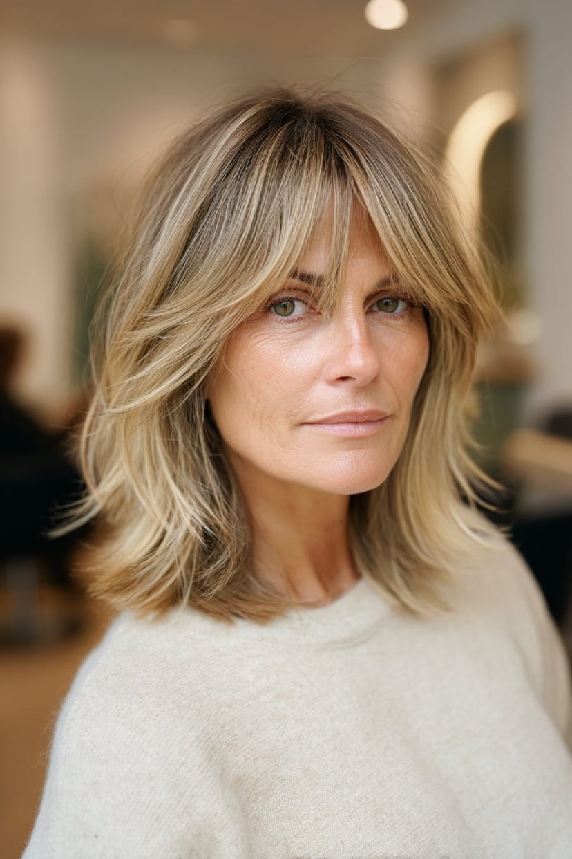 Gestufte mittellange Frisur mit fransigem Pony ab 50