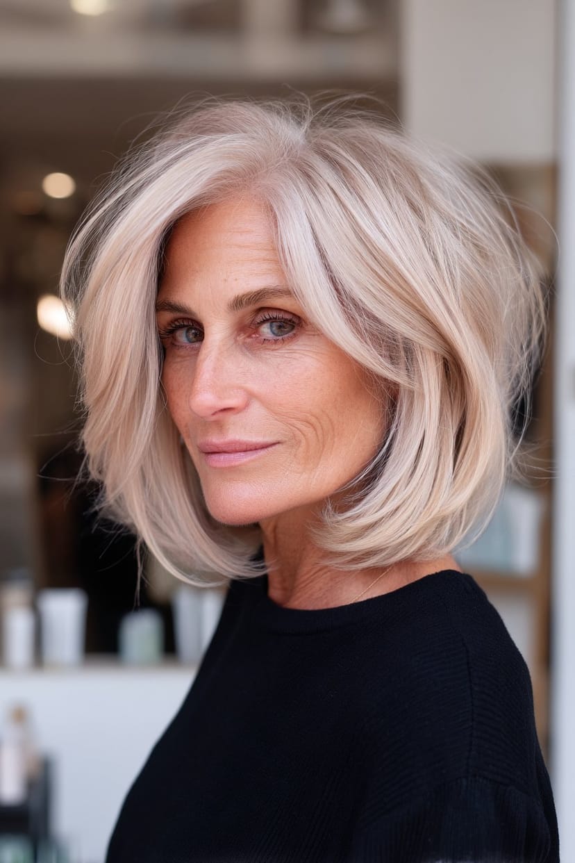 Gestufter Bob mit Sunkissed-Reflexen für feines Haar ab 50